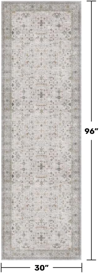 Hazo Haus Washable Light Gray & Sage 2'6"x8' Wide Runner Rugs for Kitchen, Boho Bathroom Rug, Non-Slip & Stain Resistant Long Floor Hallway Rug, Vintage Neutral Floral Décor