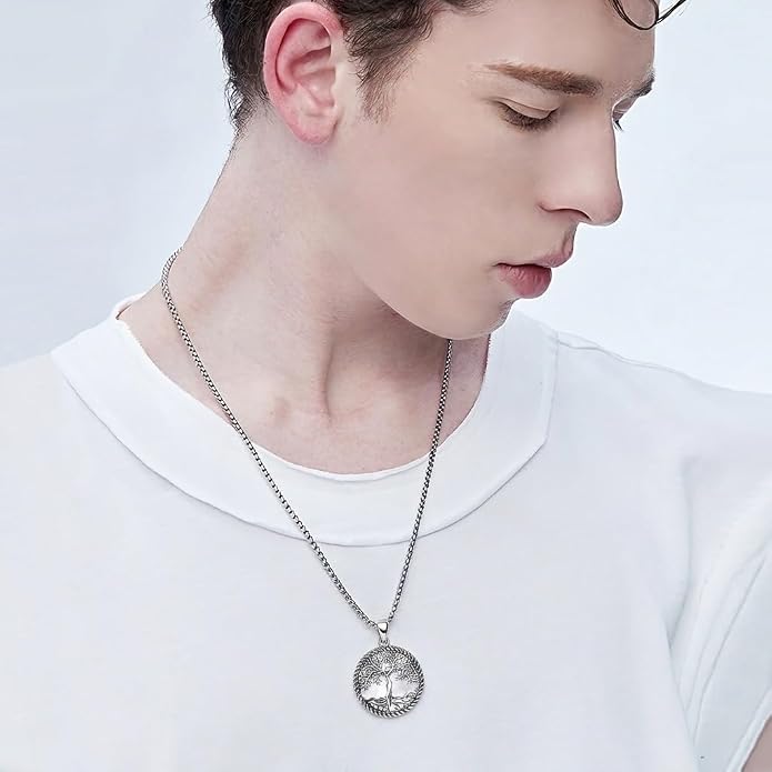 Tree of Life Necklace 18K White Gold Plated Turquoise/Pearl Shell/Malachite/Abalone Shell/Blue Opal/Black Onyx Tree Necklace Jewelry Gift for Women Men,22+2"