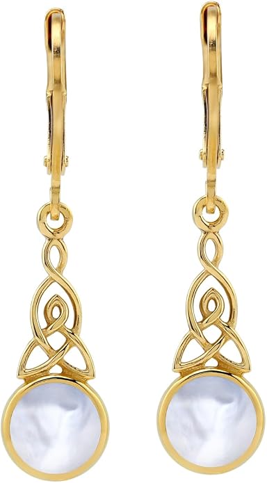 Silvershake 6MM Round Shape Inlay White Gold Plated or Yellow Gold Plated 925 Sterling Silver Triquetra Celtic Knot Dangle Leverback or Hook Earrings Jewelry for Women