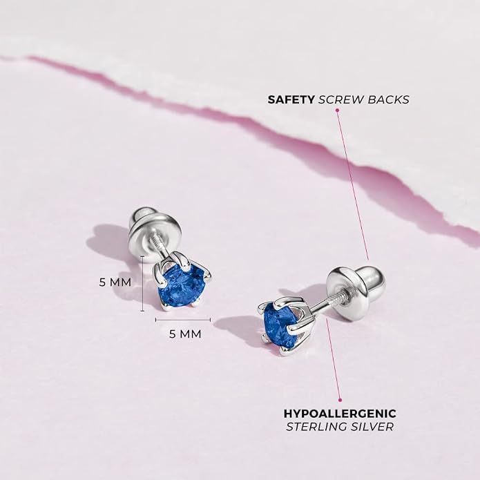 In Season Jewelry Solitaire Simulated Birthstone Kids Earrings - 925 Sterling Silver Hypoallergenic Earrings for Girls with Secure Screw Backs - Safe & Comfortable for Kids & Little Girls