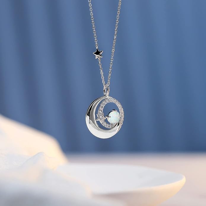 FANCIME Birthstone Necklaces 925 Sterling Silver Moon and Star Pendant Fine Jewelry Birthday Mothers Day Gifts for Mom Wife Her Daughter, Adjustable Chain 16+2"