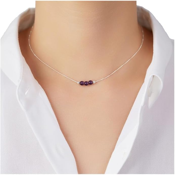 Dainty Crystal 925 Sterling Silver Choker Collar Necklace Handmade With 3 Beads Birthstone Jewelry Gifts for Women Young Lady Mother Friends Keenove