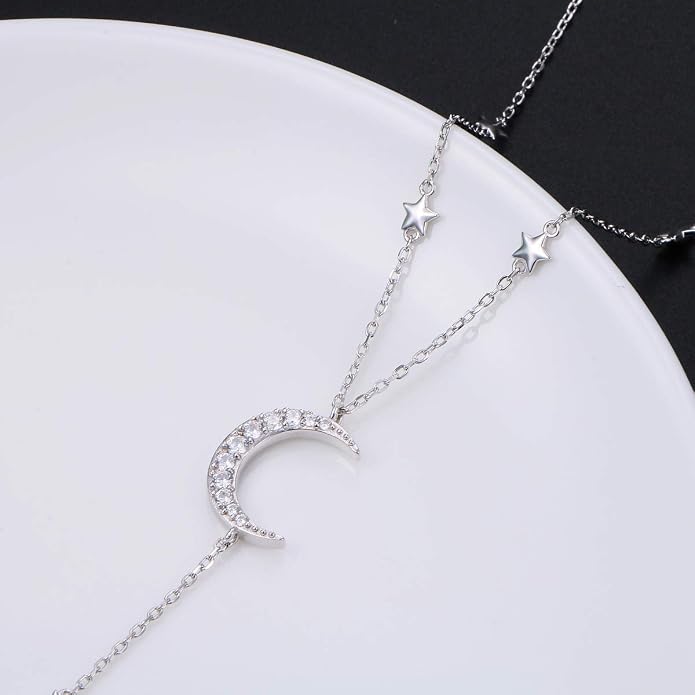 Ladytree 925 Sterling Silver Jewelry Crescent Moon and Star Pendant Necklace