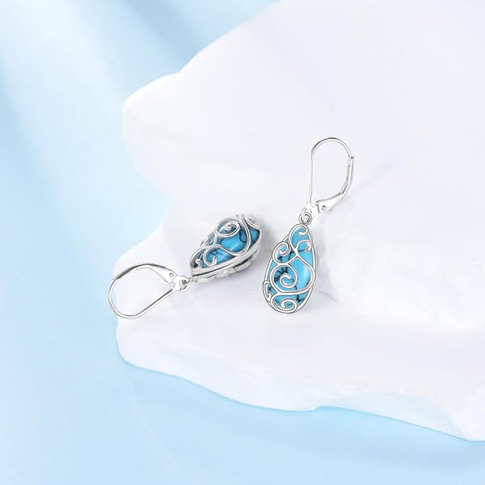 CRMAD Turquoise Teardrop Filigree Earrings Turquoise Leverback Earrings Western Jewelry Gift for Women Birthday Anniversary Boho Lover