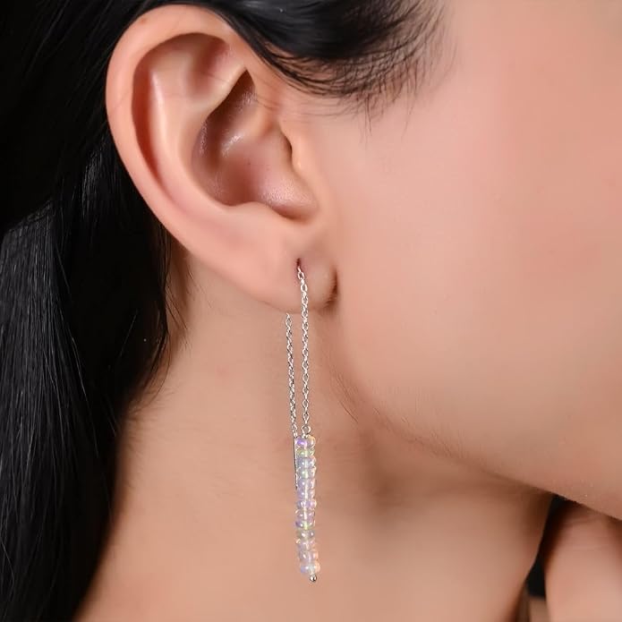 Sterling Silver Threader Earrings with Real Gemstone Beads - Elegant Pull-Through Design for Women, Dangling Western Earrings, Long and Short Adjustable Earring