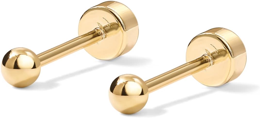 PAVOI 14K Gold Plated Solid 925 Sterling Silver Posts Dainty Ball Stud Flatback Earrings for Women - Cartilage Helix Piercing Jewelry - Small Screwbacks Stud Earrings for Women
