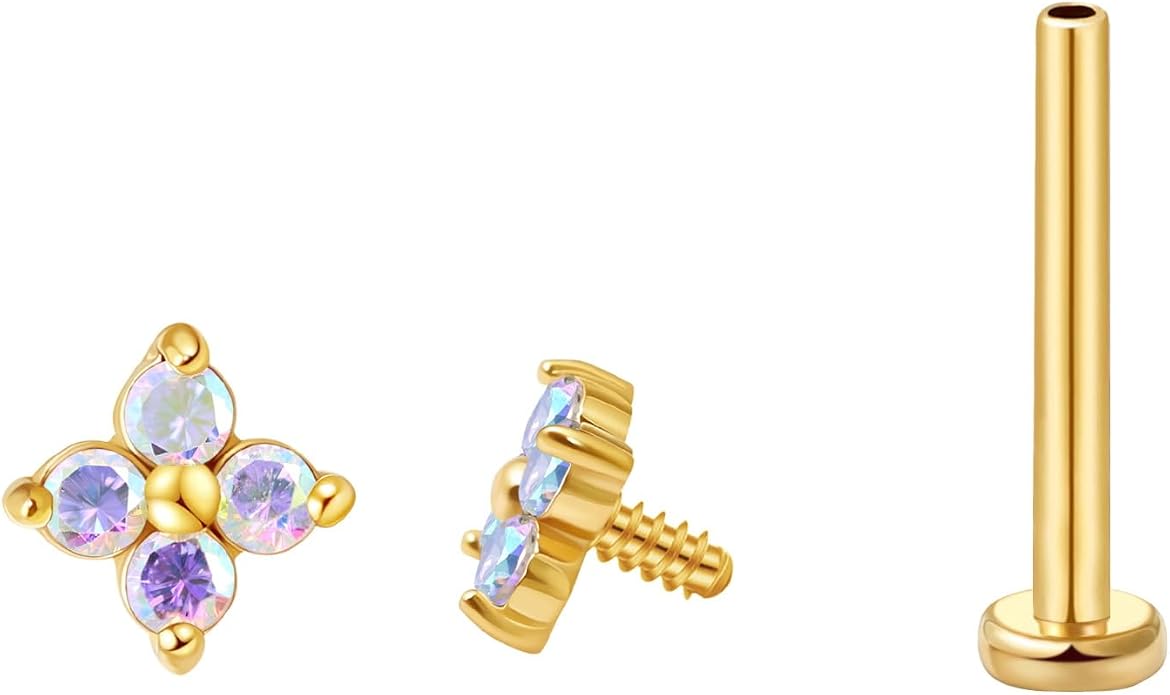 FANSING CZ Flower Internally Threaded Flat Back Earring Labret Stud for Cartilage Tragus Helix Conch