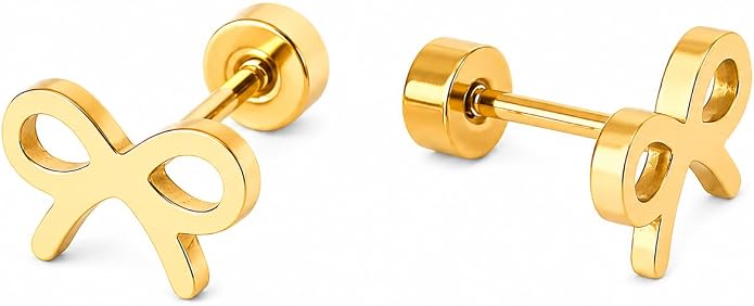 18K Gold Plated Hypoallergenic Screw Flat Back Bow Earring | 18K Gold Plated, Surgical Steel, Screw-On Flat Backs