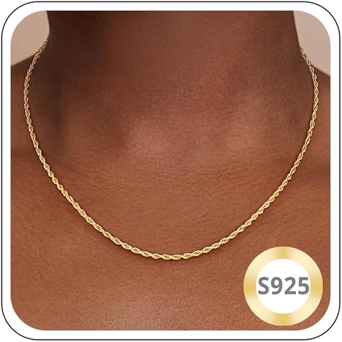 1.5mm 2mm Rope Chain 925 Sterling Silver Chain Necklace for Women, 14K Gold Plated Chains for Women Sturdy & Durable Women's Chains Necklace 16 18 20 22 24 26 Inch
