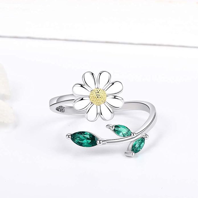 Daisy Anxiety Relieve Rings - 925 Sterling Silver You Are My Sunshine Sunflower Fidget Jewelry ADHD Stress Relieving Spinner Ring for Women