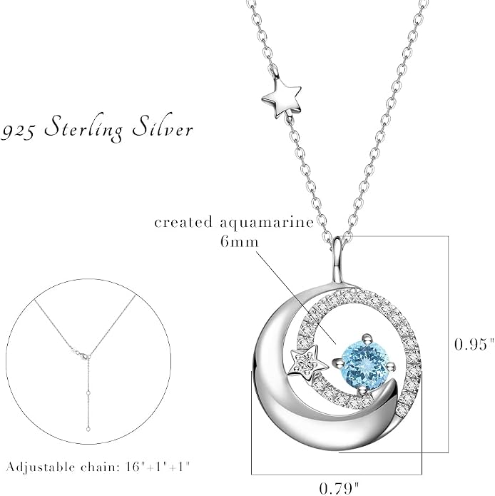 FANCIME Birthstone Necklaces 925 Sterling Silver Moon and Star Pendant Fine Jewelry Birthday Mothers Day Gifts for Mom Wife Her Daughter, Adjustable Chain 16+2"