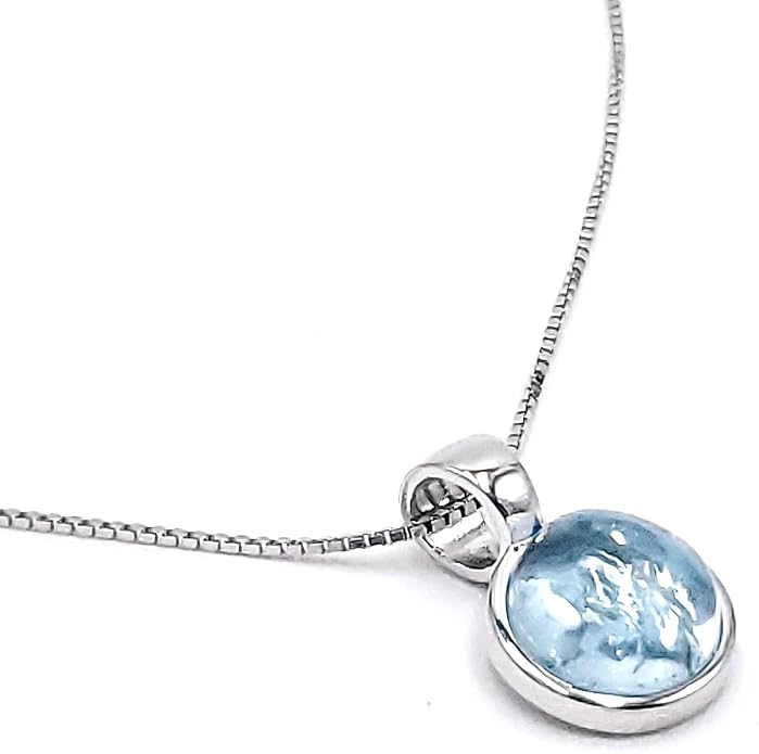 Natural gemstone 8mm round pendant with white gold over 925 sterling silver bezel cabochon plate and box chain, real genuine dainty birthstone gift for her, uniquelan jewelry