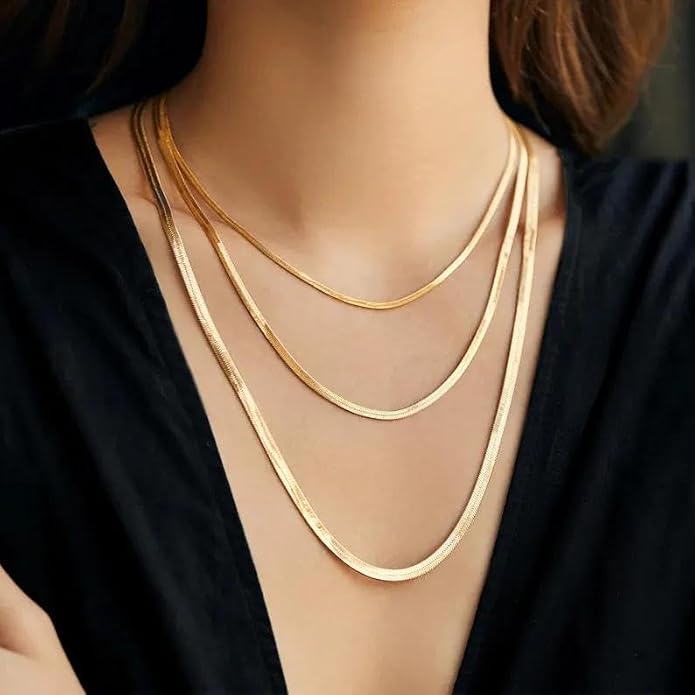 WomenGifts 14K Gold Silver Plated Herringbone Necklace for Women, Dainty Snake Chain Choker, Trendy Simple Long Layered Jewelry Non Tarnish, 3/4/5/8mm,14,16,18,20,22,24,26 Inch Thin & Chunky Options