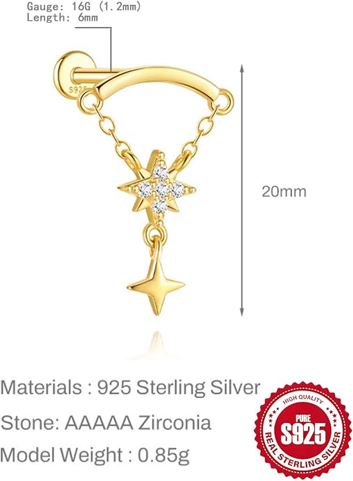 Solid 925 Sterling Silver Helix Earring with Dangle Chain 14K Gold Plated Flat Back Cartilage Stud Crescent Moon & Star CZ Internally Threaded Piercing Jewelry Ear Ring Gift