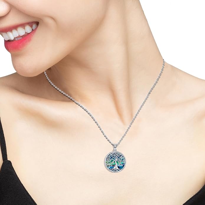 Aniu Tree of Life Necklace for Women, 925 Sterling Silver Mother of Pearl Family Palm Tree Charm Pendant Jewelry for Birthday Christmas Gift