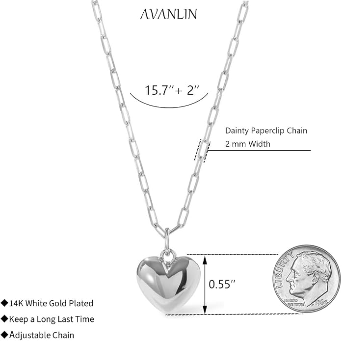 Puffy Heart Necklace 14K Gold Plated Dainty Paperclip Chain Choker Puffed Charm Pendant Necklaces Jewelry for Women