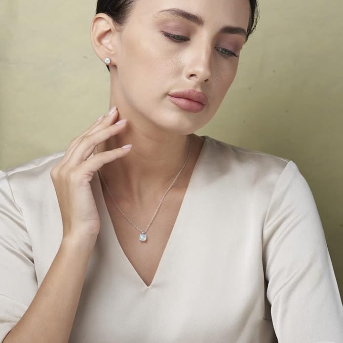 MAX + STONE 14k Gold Plated or Sterling Silver Cushion Cut Gemstone Stud Earrings and Pendant Necklace for Women with 6mm and 8mm Birthstones 18 Inch Chain and Push Backs Jewelry Set