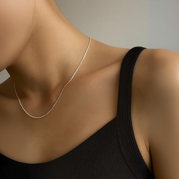 925 Sterling Silver Box Chain Necklace for Women - Dainty 1mm Thin Silver Necklace, Non-Tarnish, Waterproof, Hypoallergenic, Nickel-Free, 18, 20, 22 Inches, Made in Italy