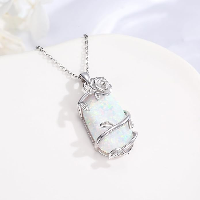 Bar Opal Leaf Necklace For Women S925 Sterling Silver White Opal Pendant with Leaf Charm Bar Pendant Jewelry Gift For Mom Daughter Wife