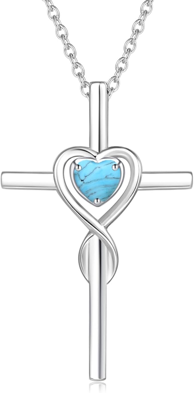 FANCIME Birthstone Cross Necklace for Women Birthstone Necklace Heart Infinity Cross Pendant Necklace Fine Jewelry Christmas Birthday Holiday Gifts for Her, 16"+2" Inches