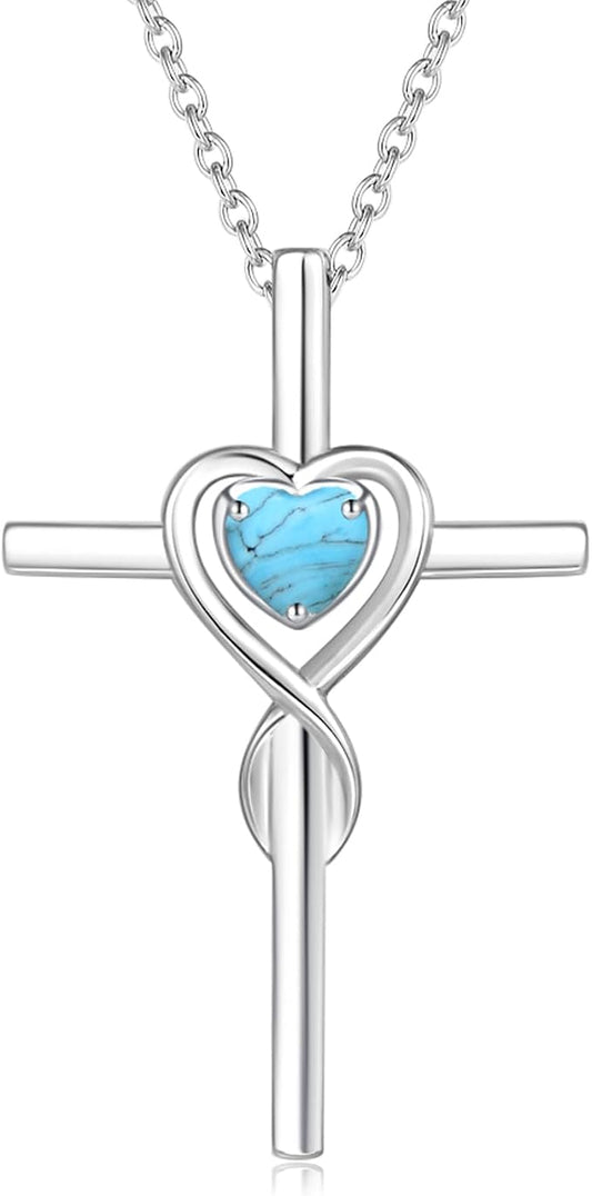 FANCIME Birthstone Cross Necklace for Women Birthstone Necklace Heart Infinity Cross Pendant Necklace Fine Jewelry Christmas Birthday Holiday Gifts for Her, 16"+2" Inches