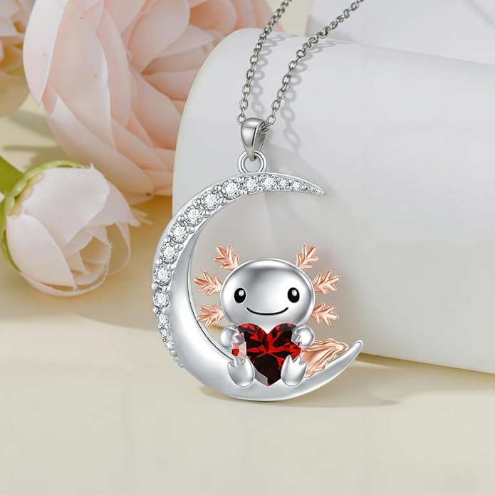 PROESS Animal Birthstone Necklace 925 Sterling Silver Otter/Axolotl/Hippo/Elephant/Dachshund/Monkey/Red Panda Pendant Necklace Animal Birthstone Jewelry Gifts for Women