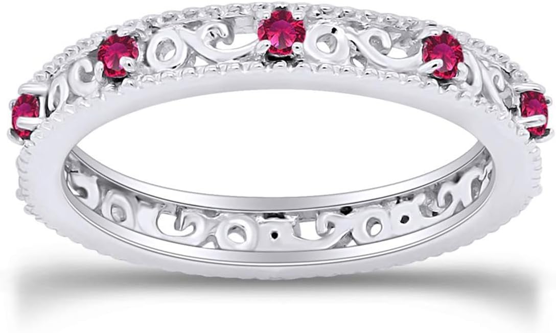 Jewel Zone US Filigree Eternity Wedding Band Ring for Women, Round Cut Simulated Gemstone Stackable Promise Ring in 14K Gold Plated 925 Sterling Silver Band Width 3.5mm – Elegant Jewelry for Her