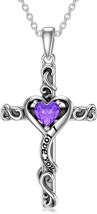 TOUPOP Cross Birthstone Necklace for Women 925 Sterling Silver Heart Cross Pendant I Love You Jewelry Anniversary Birthday Mothers Day Gifts for Mom Wife Her