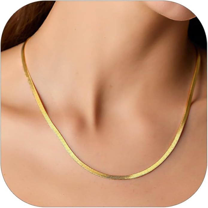 FindChic Black/14K Gold Plated Herringbone Choker Chain Necklace for Women | Waterproof Stainless Steel, Dainty Layering, Flat Snake Chain, Non-Tarnish, Hypoallergenic, Adjustable Extender, Gift Box