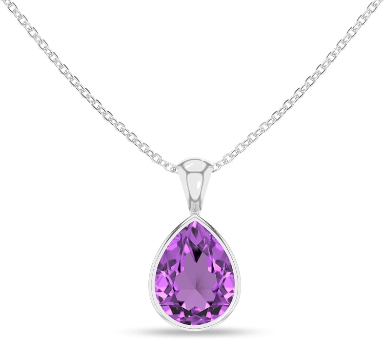 Natural Amethyst Pendant Necklaces for Women in Sterling Silver/18K Yellow Gold/Rose Gold Vermeil, February Birthstone Jewelry Gifts for Her Birthday, Anniversary (Oval, Pear, Round)