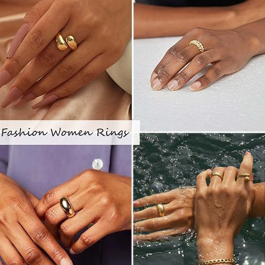 KOHOTA 6PCS Thick Dome Chunky Rings for Women 18K Gold Plated Braided Twisted Signet Ring Big Croissant Ring Minimalist Statement Ring Size 5-9