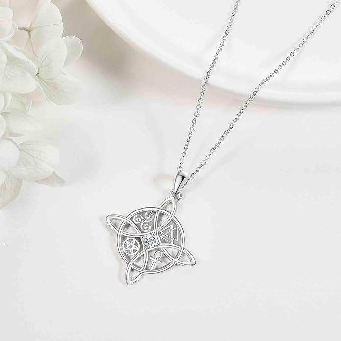 YAFEINI Sterling Silver Witches Knot Pendant Necklace - Celtic Cross Witch Jewelry Amulet Gifts for Women