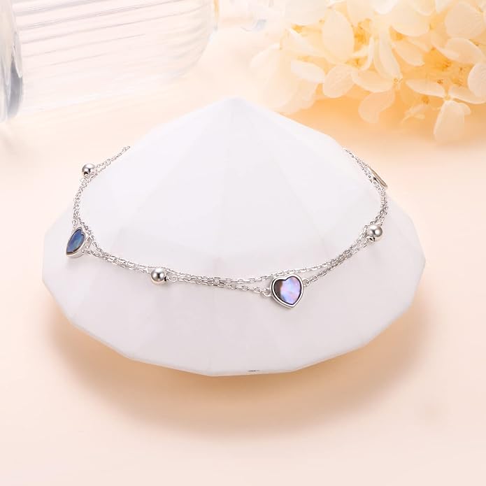 Ladytree S925 Sterling Silver Boho Beach Double Layer Anklets Bracelet for Women Adjustable 9 to 11 inches