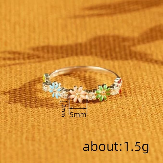 LRESJJIUJ 925 Sterling Silver Ring 18K Gold Plated Daisy Flower Ring Paved with Coloful Cubic Zirconia Pastoral Fresh Style Enamel Ring Elegant Daily Band 10