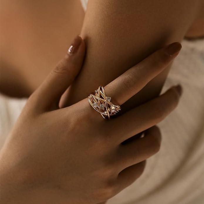 18K Gold Plated Rings for Women and Teen Girls Non Tarnish Cubic Zirconia Fidget Ring Butterfly/Snake/Mesh/Cross/Crown Knuckle Ring Open Adjustable Statement Stacking Chunky Rings