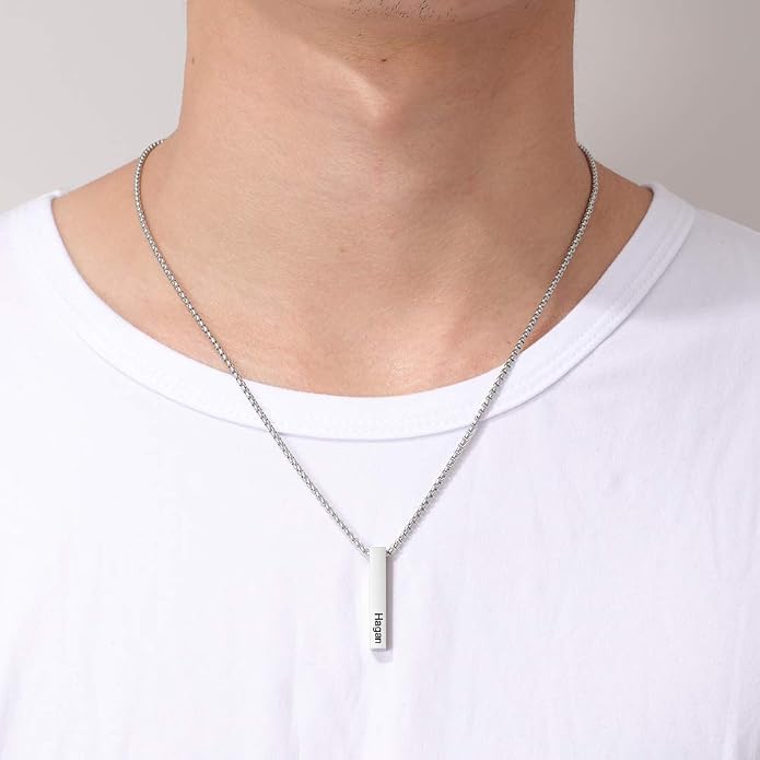 Personalized Men's Name Bar Necklace Engraved Initial Name Stainless Steel Vertical Bar Necklace for Father Husband Boyfriend Birthday