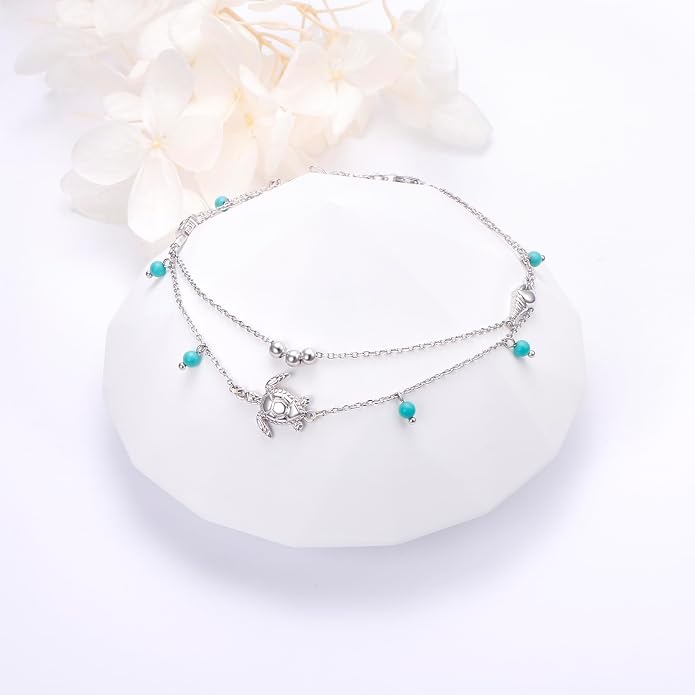 Flyow Anklet for Women S925 Sterling Silver Adjustable Foot Beaded Heart Charm Ankle Bracelet Anklets Jewelry