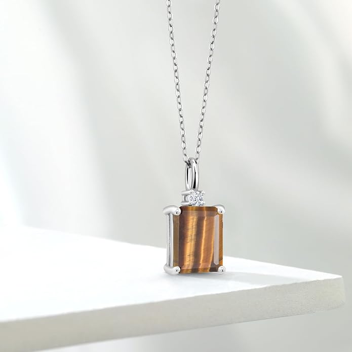 Gem Stone King 925 Sterling Silver Gemstone Birthstone Pendant Necklace for Women | Emerald Cut 10X8MM and Round 2MM | With 18 Inch Chain | Fine Jewelry for Her Mom Wife