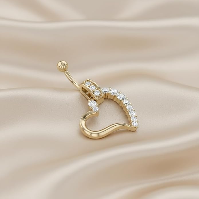 AFFY Women's Heart Charm Belly Ring with Round White Cubic Zirconia in 14K Gold Plated 925 Sterling Silver, Dangle Navel Piercing Jewelry for Her