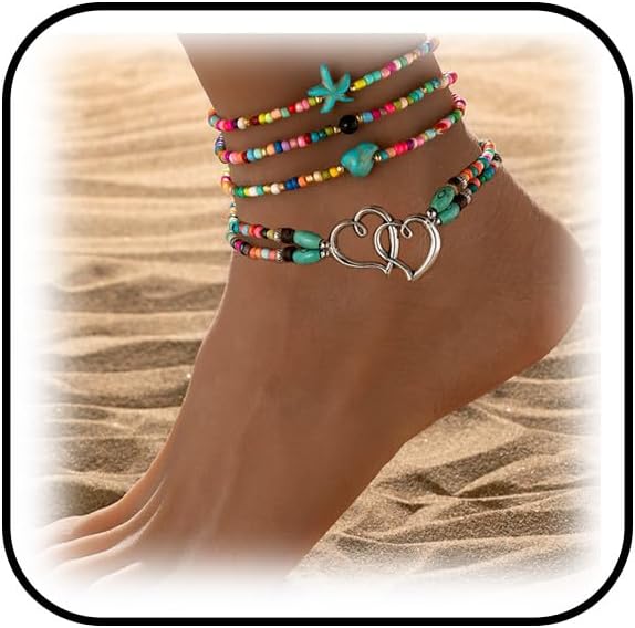 Anklets for Women Waterproof Ankle Bracelets Colorful Beaded Ankle Bracelet Elastic Starfish Shell Anklet Summer Beach Anklet Boho Jewelry Accessories