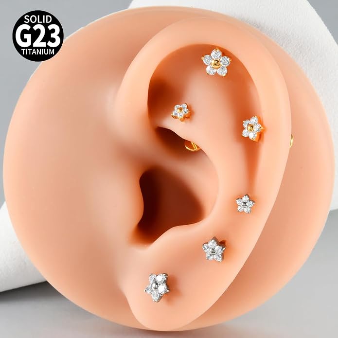 3PCS Titanium Mix Sizes Flower Zircon Lip Piercing Internal Thread Cz Small/Large Flower Labret Tragus Ear Cartilage Flat Piercing