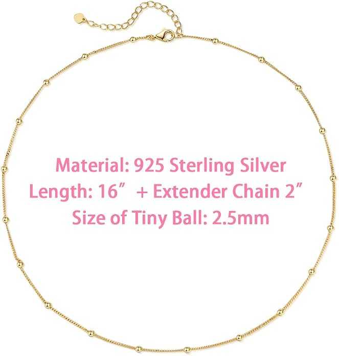 EPIRORA Choker Necklace for Women 925 Sterling Silver Gold Plated Dainty Satellite Bead Chain Pendant Minimalist Jewelry, 16''+2"