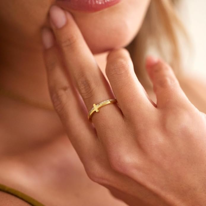 Gold Cross Statement Rings for Women 14K Gold Silver Tone Non Tarnish Cute Band High Polished Smooth Comfort Fit Size 5-10