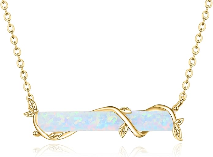 Bar Opal Leaf Necklace For Women S925 Sterling Silver White Opal Pendant with Leaf Charm Bar Pendant Jewelry Gift For Mom Daughter Wife