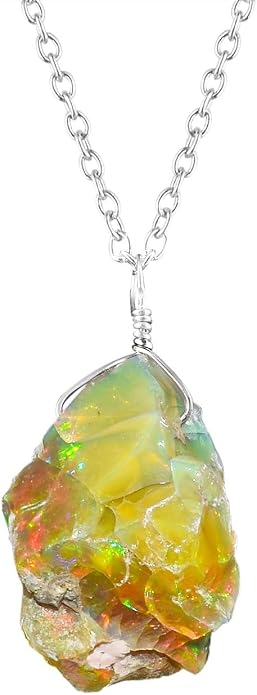Raw Ethiopian Fir Opal Pendant Necklace for Women, Dainty Pendant, Handmade October Birthstone, Hypoallergenic Spiritual Healing Stone 925 Sterling Silver Chain 20" Birthday Gifts