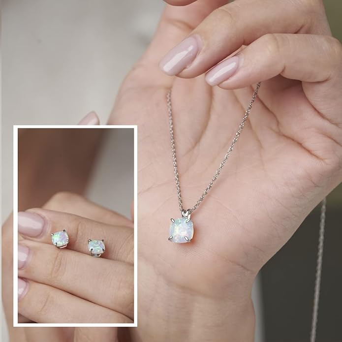 MAX + STONE 14k Gold Plated or Sterling Silver Cushion Cut Gemstone Stud Earrings and Pendant Necklace for Women with 6mm and 8mm Birthstones 18 Inch Chain and Push Backs Jewelry Set