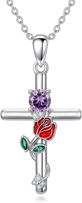 Birthstone Cross Necklace 925 Sterling Silver Rose with Butterfly Birthstone Cross Pendant Necklace Jewelry Gifts for Women Birthday Christmas