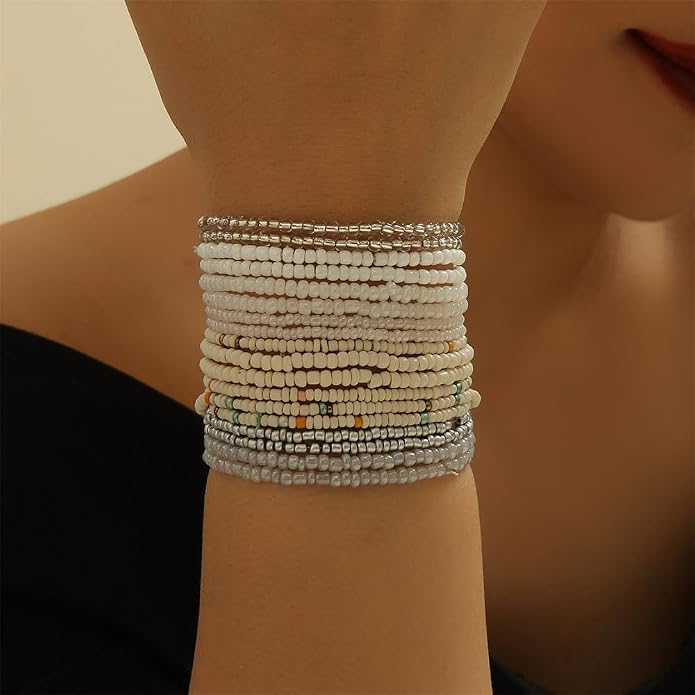 Fuqimanman2020 18Pcs Boho Stackable Beaded Bracelets for Women Colorful Handmade Multilayered Rice Beads Anklets Set Summer Beach Bohemian Jewelry Gift