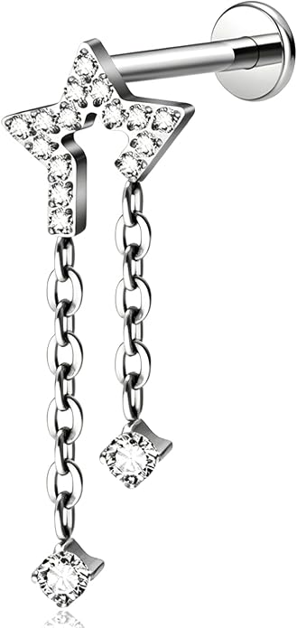 16G ASTM F136 Titanium Flat Back Cartilage Piercing for Helix Labret Stud Internally Threaded Star Double Chain Dangle Earring