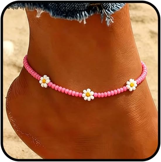 Beaded Chain Ankle Bracelets for Women Waterproof Sunflower Anklets Beachy Vacation Foot Jewelry Gifts